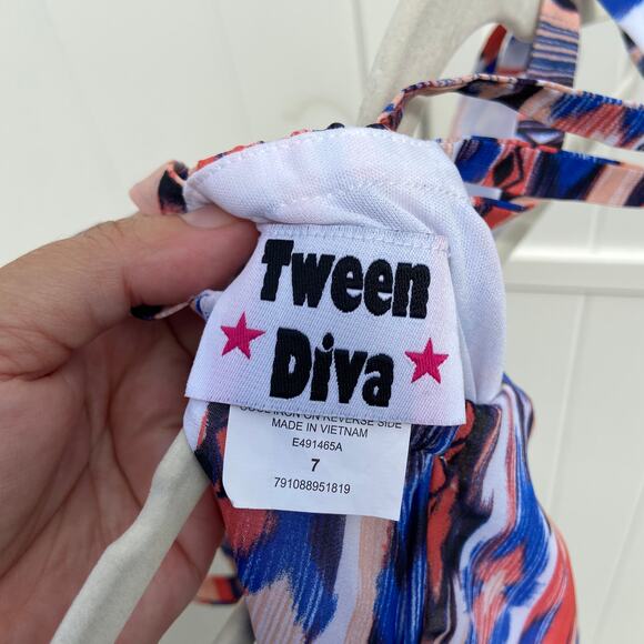 Tween Diva Girls Dress Size 7 Maxi Ikat Blue Orange Peach Black Print Cross Back - Picture 4 of 5